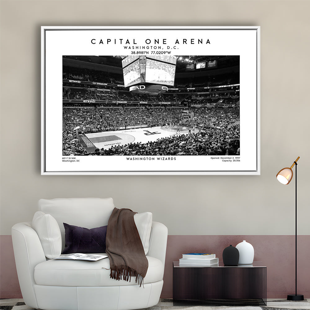 Capital One Arena Stadium Black And White, Washington Wizards Basketball Art Print, Framed Canvas Print Wall Art