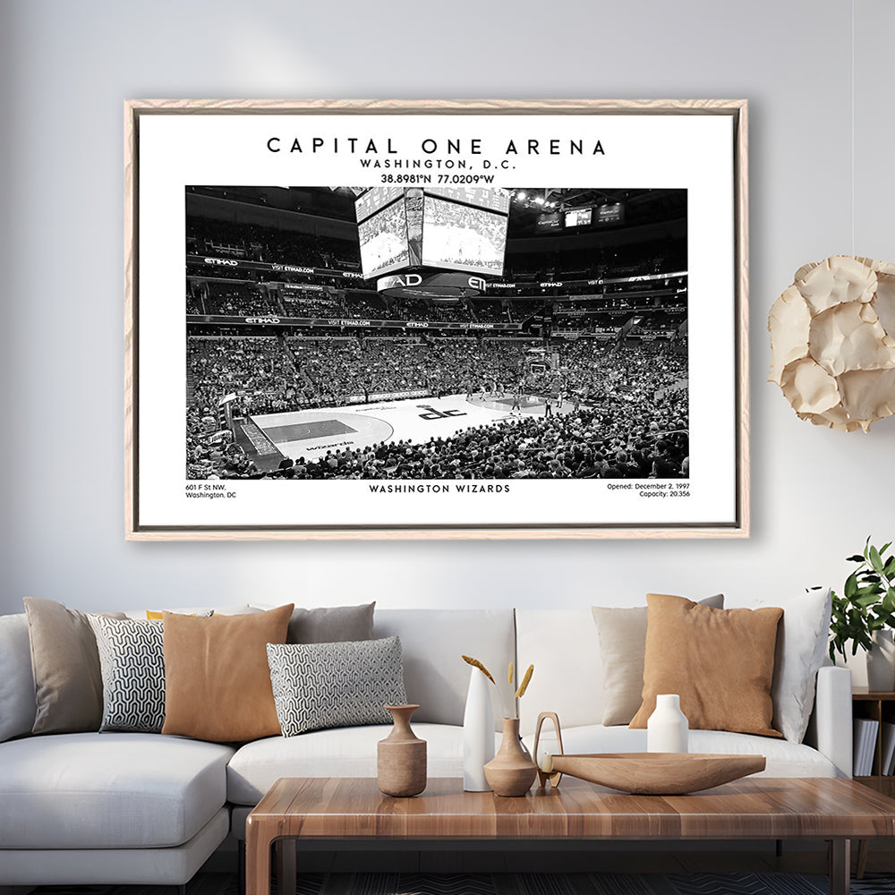 Capital One Arena Stadium Black And White, Washington Wizards Basketball Art Print, Framed Canvas Print Wall Art