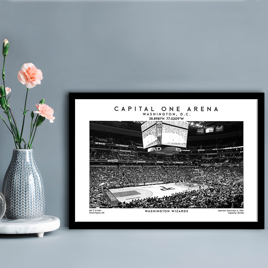 Capital One Arena Stadium Black And White, Washington Wizards Basketball Art Print, Framed Art Print Wall Decor