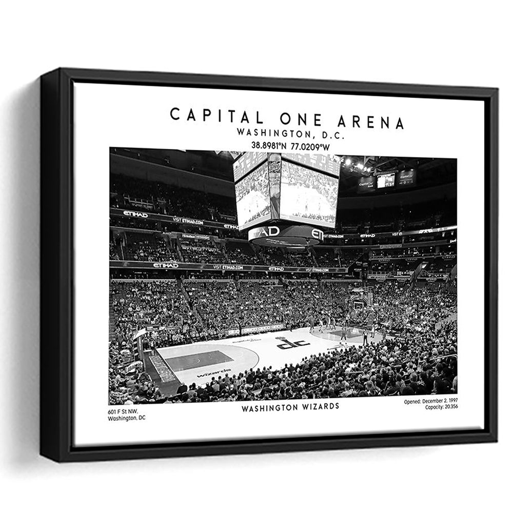 Capital One Arena Stadium Black And White, Washington Wizards Basketball Art Print, Framed Canvas Print Wall Art