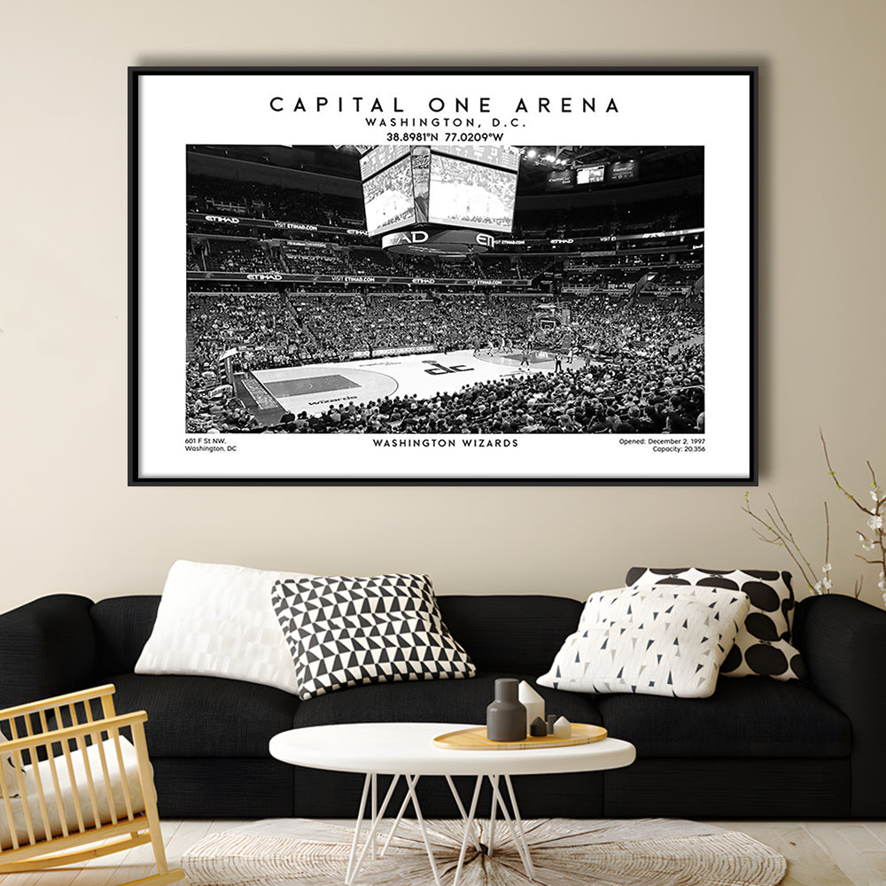 Capital One Arena Stadium Black And White, Washington Wizards Basketball Art Print, Framed Canvas Print Wall Art