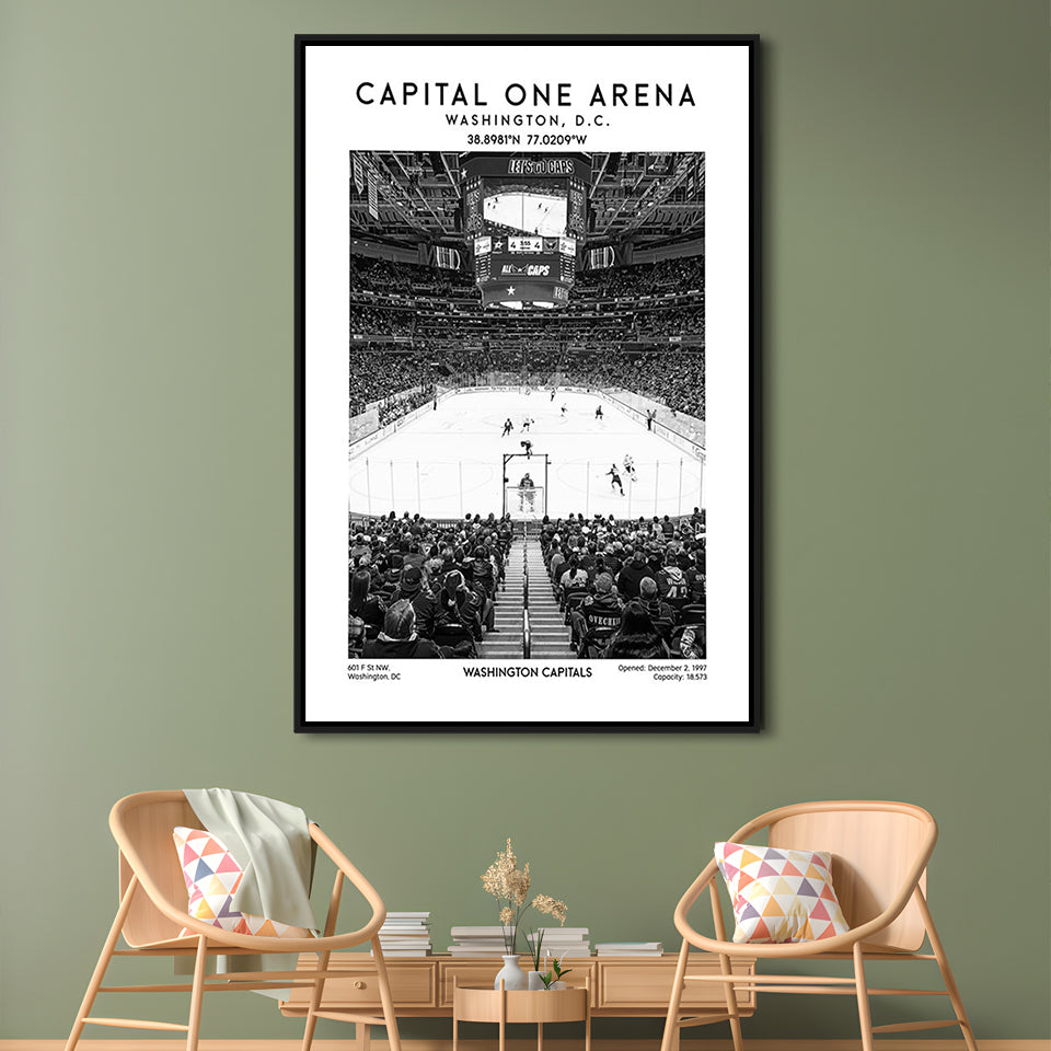 Capital One Arena Stadium Black And White, Iconic Washington Capitals Ice Hockey, Framed Canvas Prints Wall Art