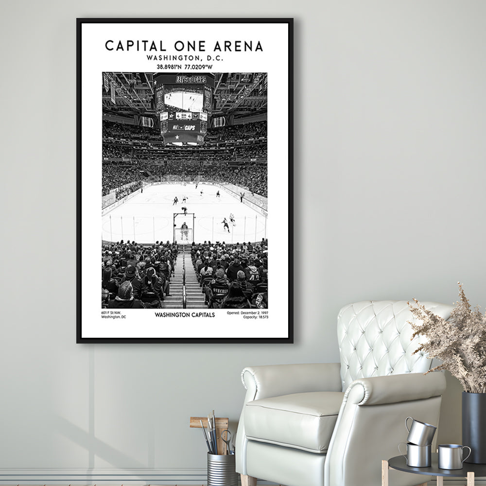 Capital One Arena Stadium Black And White, Iconic Washington Capitals Ice Hockey, Framed Canvas Prints Wall Art