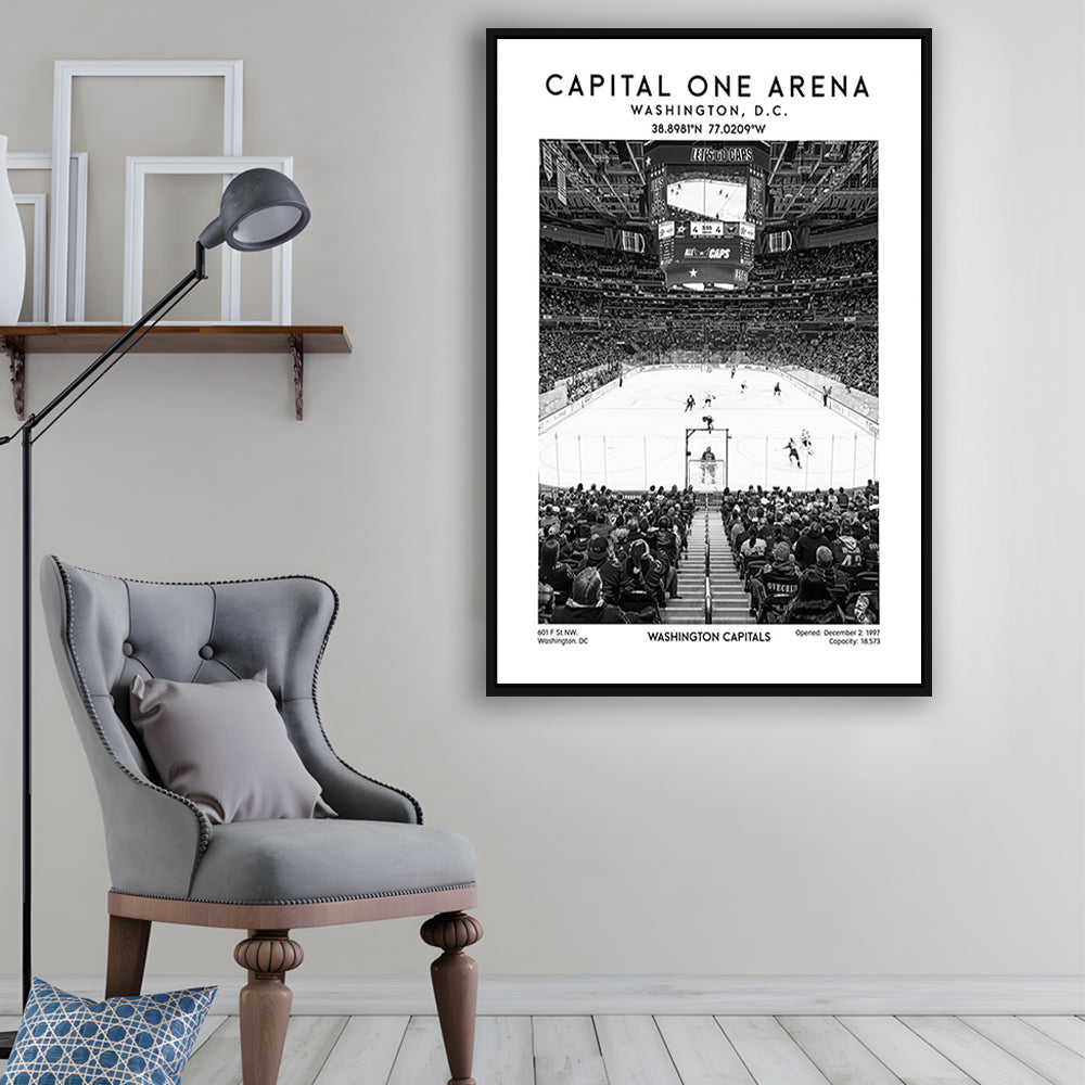 Capital One Arena Stadium Black And White, Iconic Washington Capitals Ice Hockey, Framed Canvas Prints Wall Art