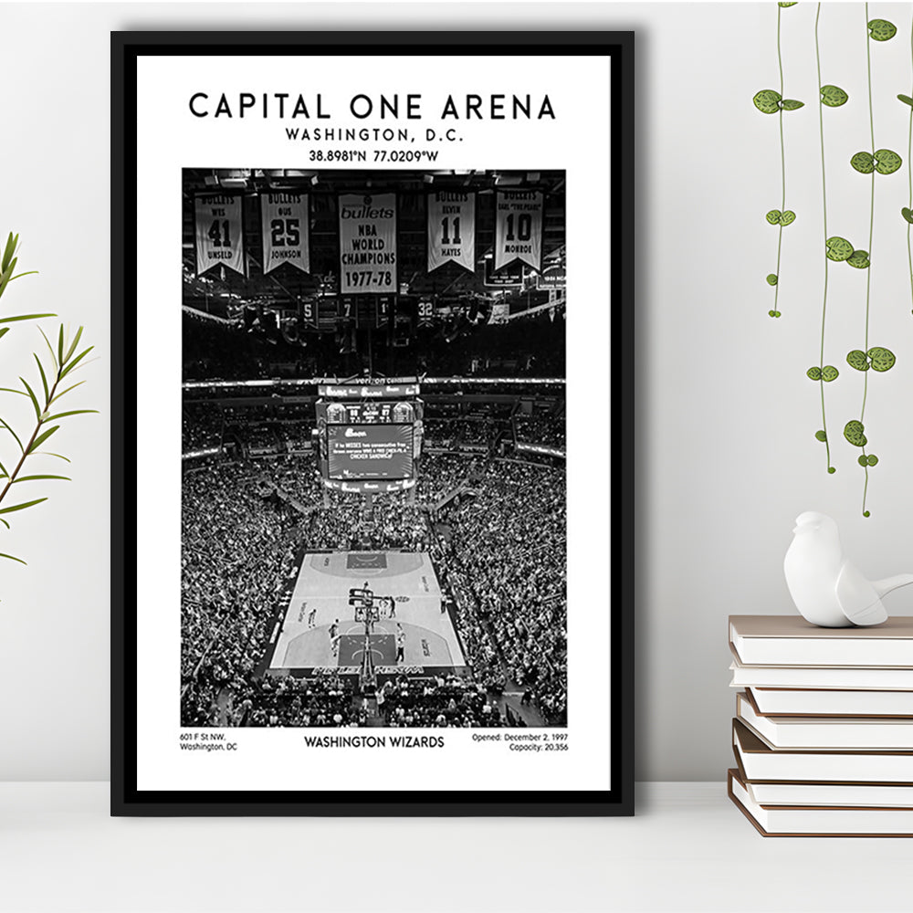Capital One Arena Stadium Black And White, Iconic Washington Wizards Basketball Print, Framed Canvas Prints Wall Art