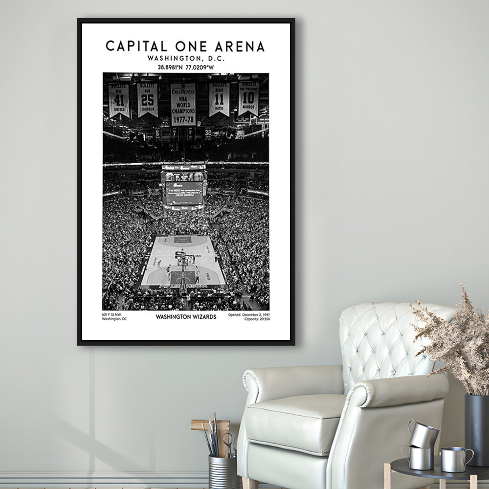 Capital One Arena Stadium Black And White, Iconic Washington Wizards Basketball Print, Framed Canvas Prints Wall Art