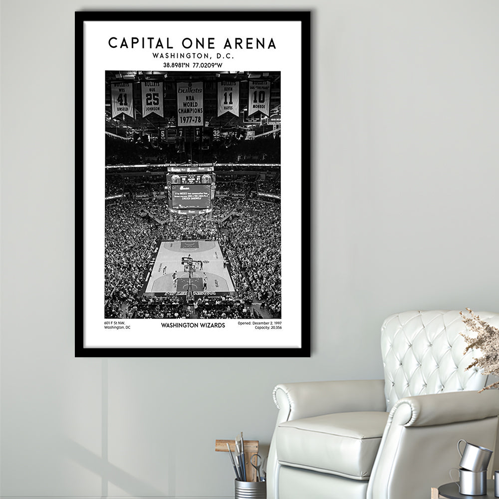 Capital One Arena Stadium Black And White, Iconic Washington Wizards Basketball Print, Framed Art Prints Wall Decor
