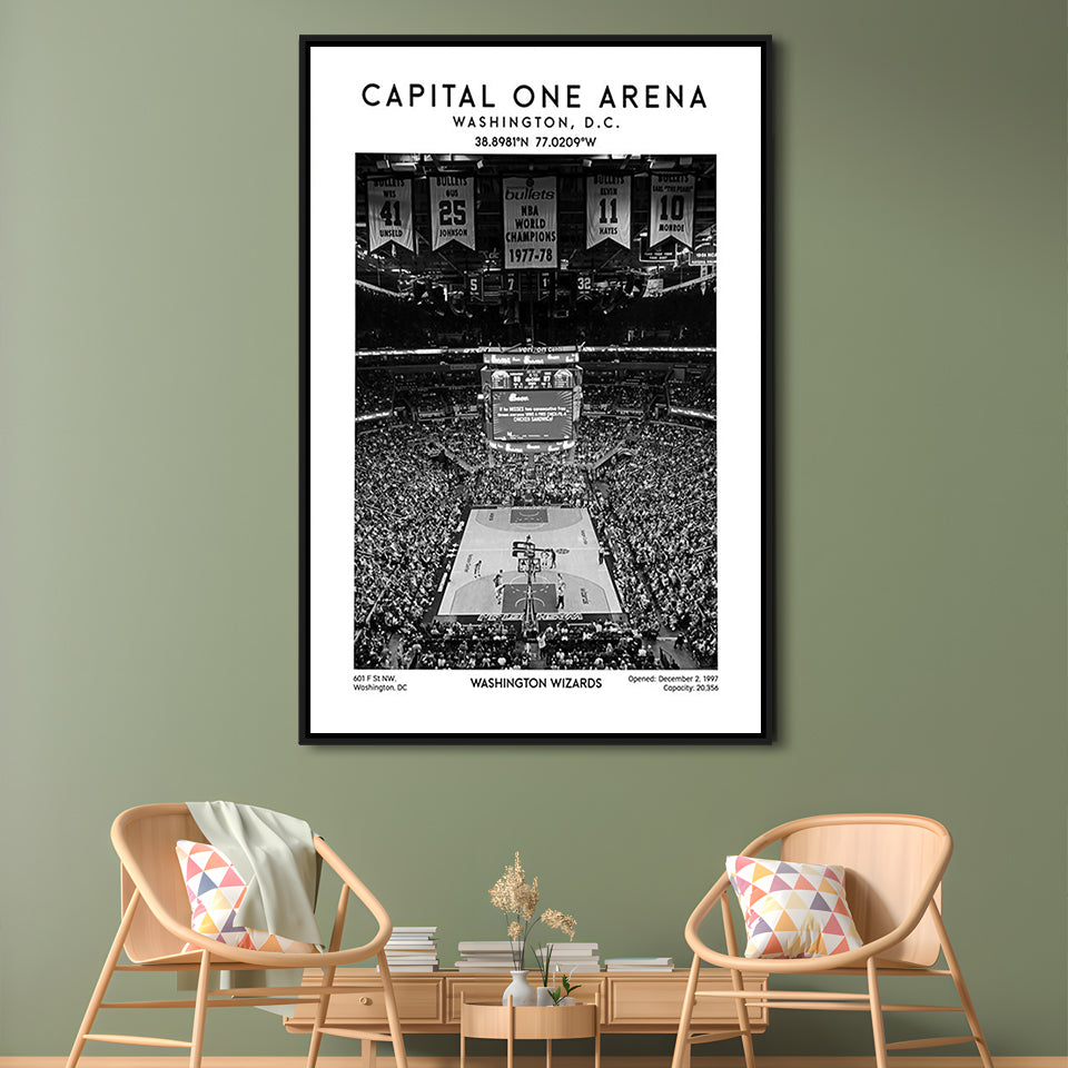 Capital One Arena Stadium Black And White, Iconic Washington Wizards Basketball Print, Framed Canvas Prints Wall Art