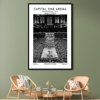 Capital One Arena Stadium Black And White, Iconic Washington Wizards Basketball Print, Framed Canvas Prints Wall Art