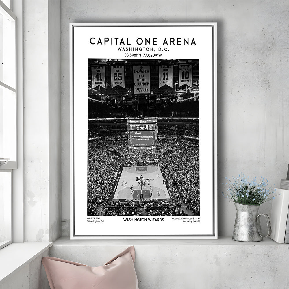 Capital One Arena Stadium Black And White, Iconic Washington Wizards Basketball Print, Framed Canvas Prints Wall Art