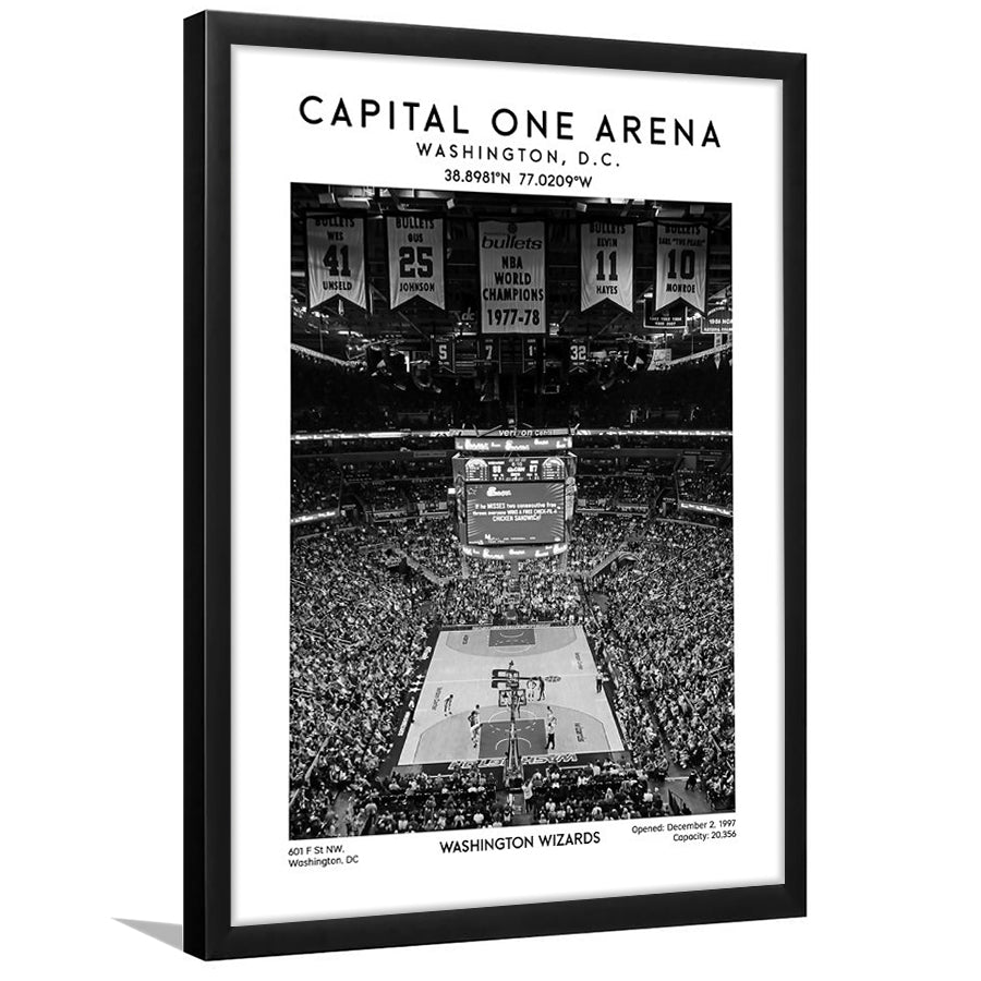 Capital One Arena Stadium Black And White, Iconic Washington Wizards Basketball Print, Framed Art Prints Wall Decor