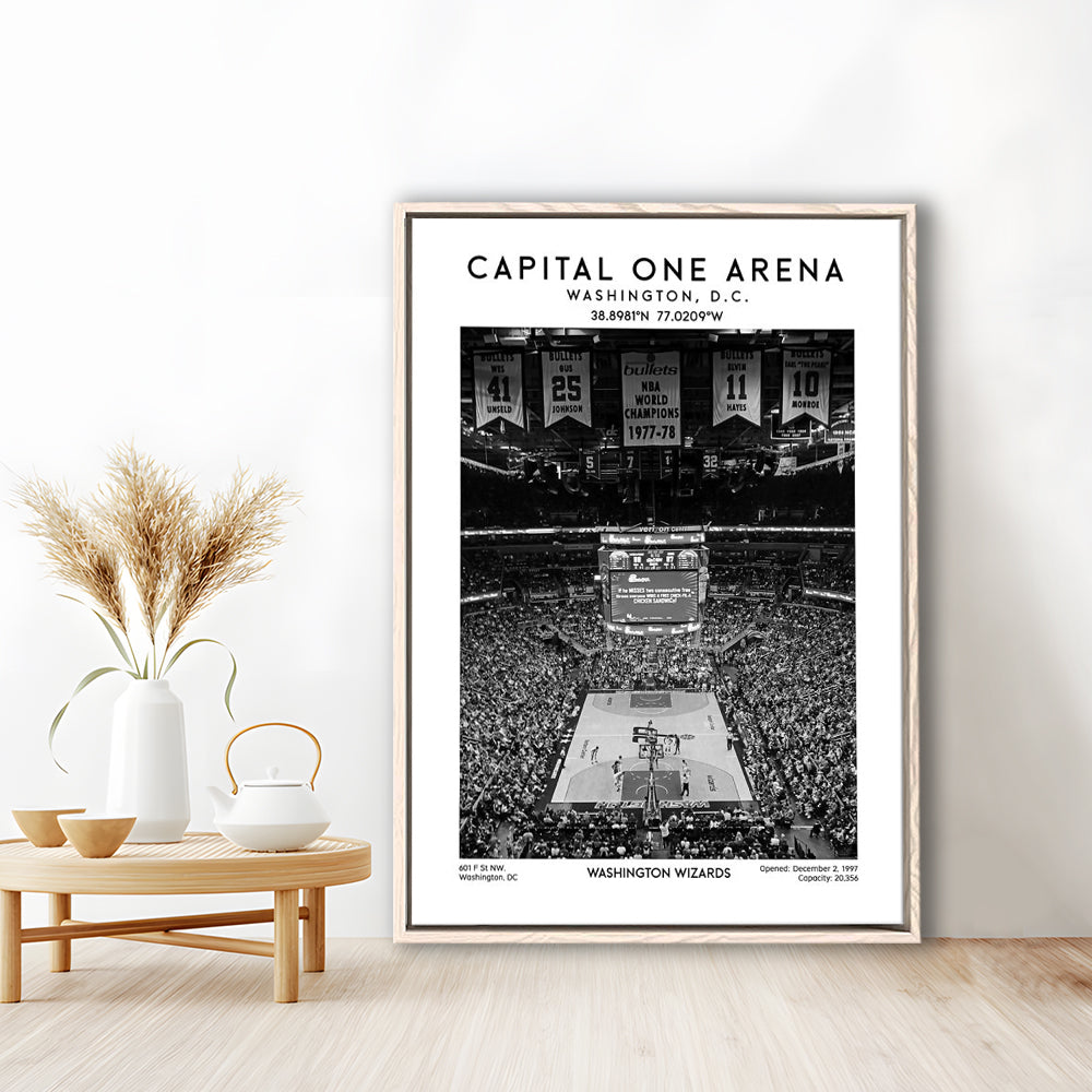 Capital One Arena Stadium Black And White, Iconic Washington Wizards Basketball Print, Framed Canvas Prints Wall Art