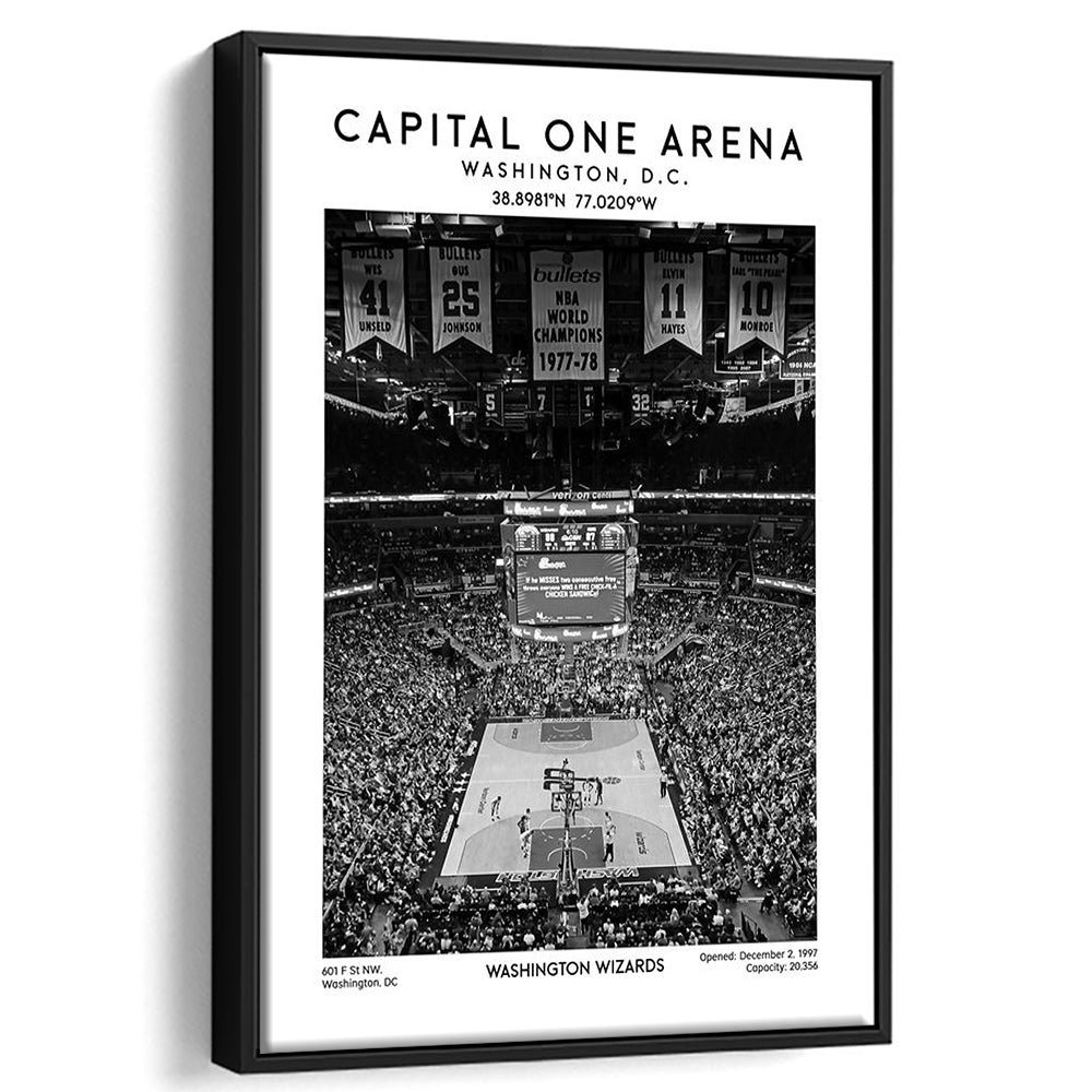Capital One Arena Stadium Black And White, Iconic Washington Wizards Basketball Print, Framed Canvas Prints Wall Art