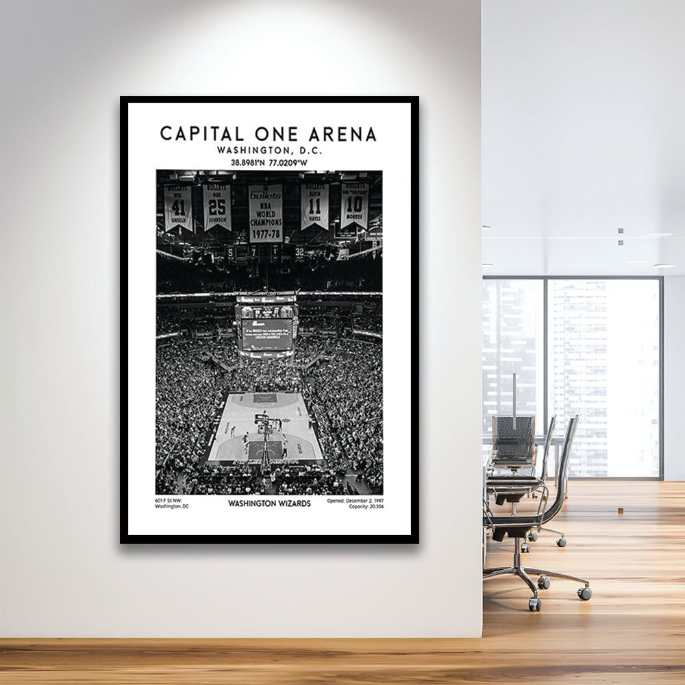 Capital One Arena Stadium Black And White, Iconic Washington Wizards Basketball Print, Framed Art Prints Wall Decor