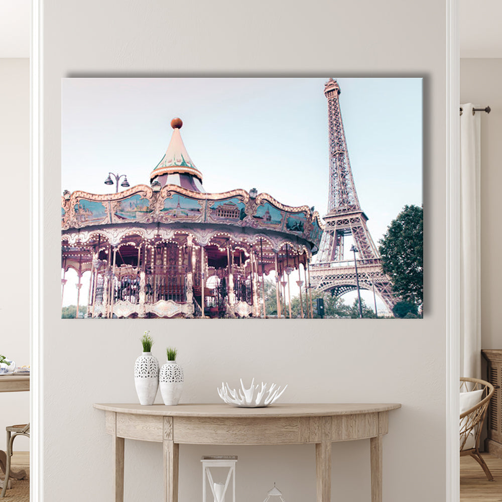 Carousel Wall Print Merry Go Round Photography Paris Print Eiffel Tower Print, Canvas Print Wall Art Home Decor