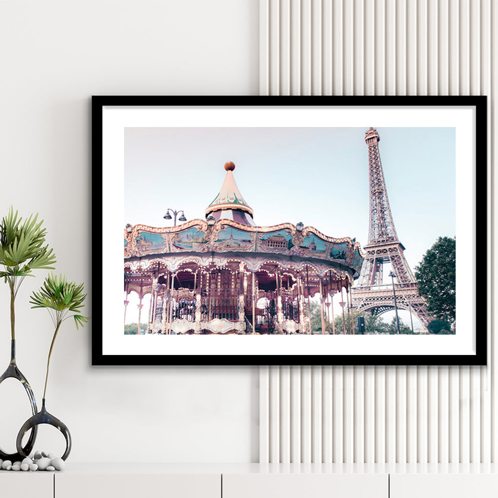 Carousel Wall Print Merry Go Round Photography Paris Print Eiffel Tower Print, Framed Art Print White Border Wall Decor