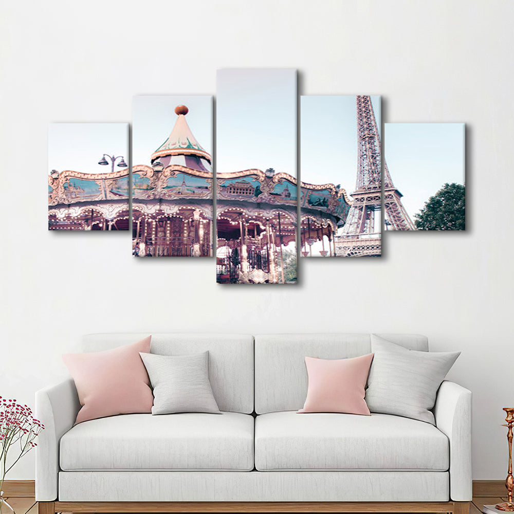 Carousel Wall Print Merry Go Round Photography Paris Print Eiffel Tower Print, Mixed Panels Canvas Print Wall Art
