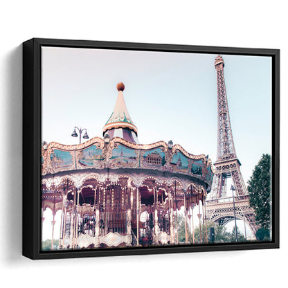 Carousel Wall Print Merry Go Round Photography Paris Print Eiffel Tower Print, Floating Framed Canvas Print Wall Art
