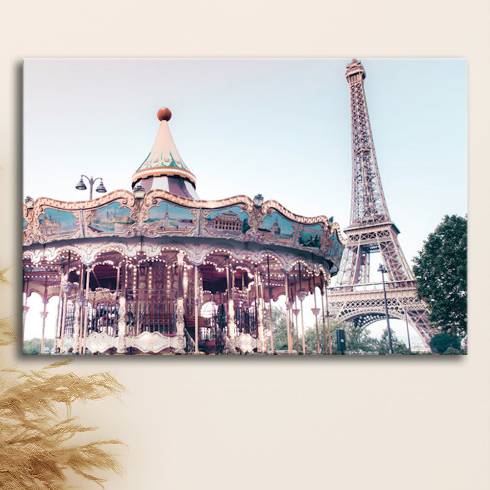 Carousel Wall Print Merry Go Round Photography Paris Print Eiffel Tower Print, Canvas Print Wall Art Home Decor