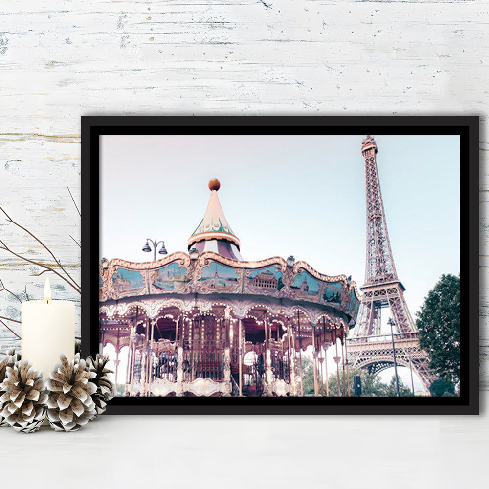 Carousel Wall Print Merry Go Round Photography Paris Print Eiffel Tower Print, Floating Framed Canvas Print Wall Art