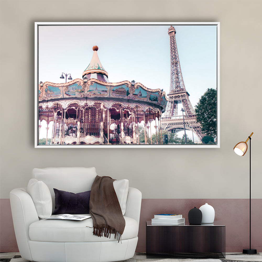 Carousel Wall Print Merry Go Round Photography Paris Print Eiffel Tower Print, Floating Framed Canvas Print Wall Art