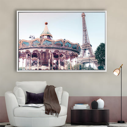 Carousel Wall Print Merry Go Round Photography Paris Print Eiffel Tower Print, Floating Framed Canvas Print Wall Art
