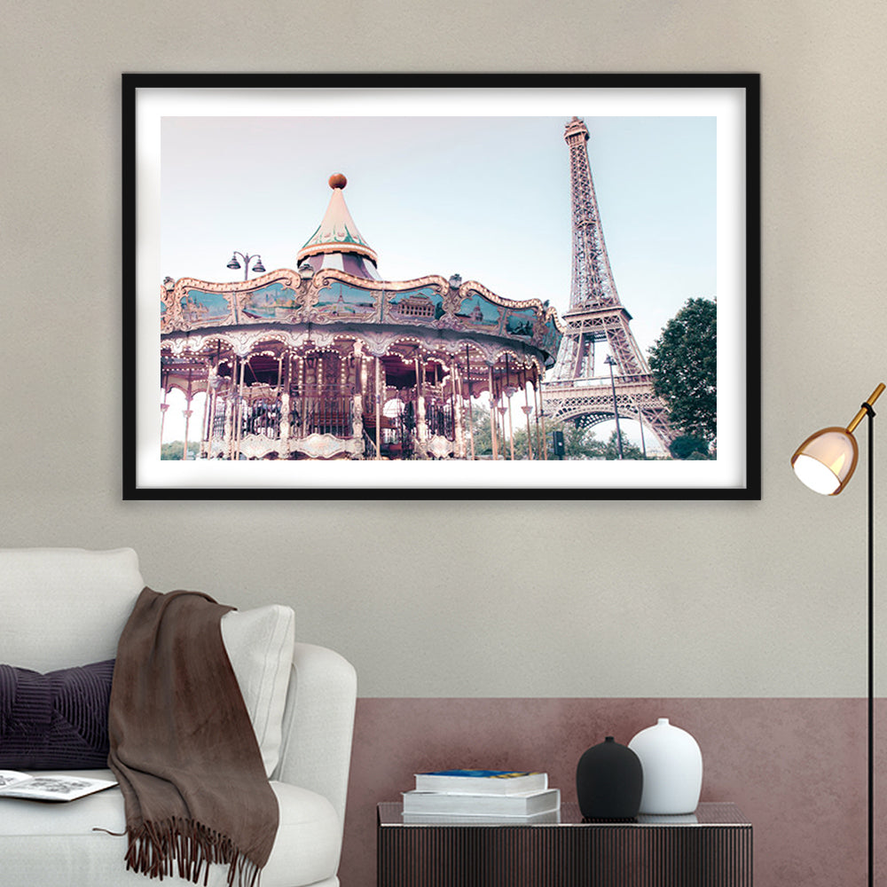 Carousel Wall Print Merry Go Round Photography Paris Print Eiffel Tower Print, Framed Art Print White Border Wall Decor