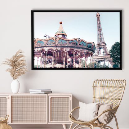 Carousel Wall Print Merry Go Round Photography Paris Print Eiffel Tower Print, Floating Framed Canvas Print Wall Art