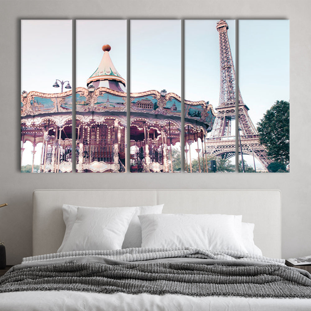 Carousel Wall Print Merry Go Round Photography Paris Print Eiffel Tower Print, Multi Panels Canvas Print Wall Art
