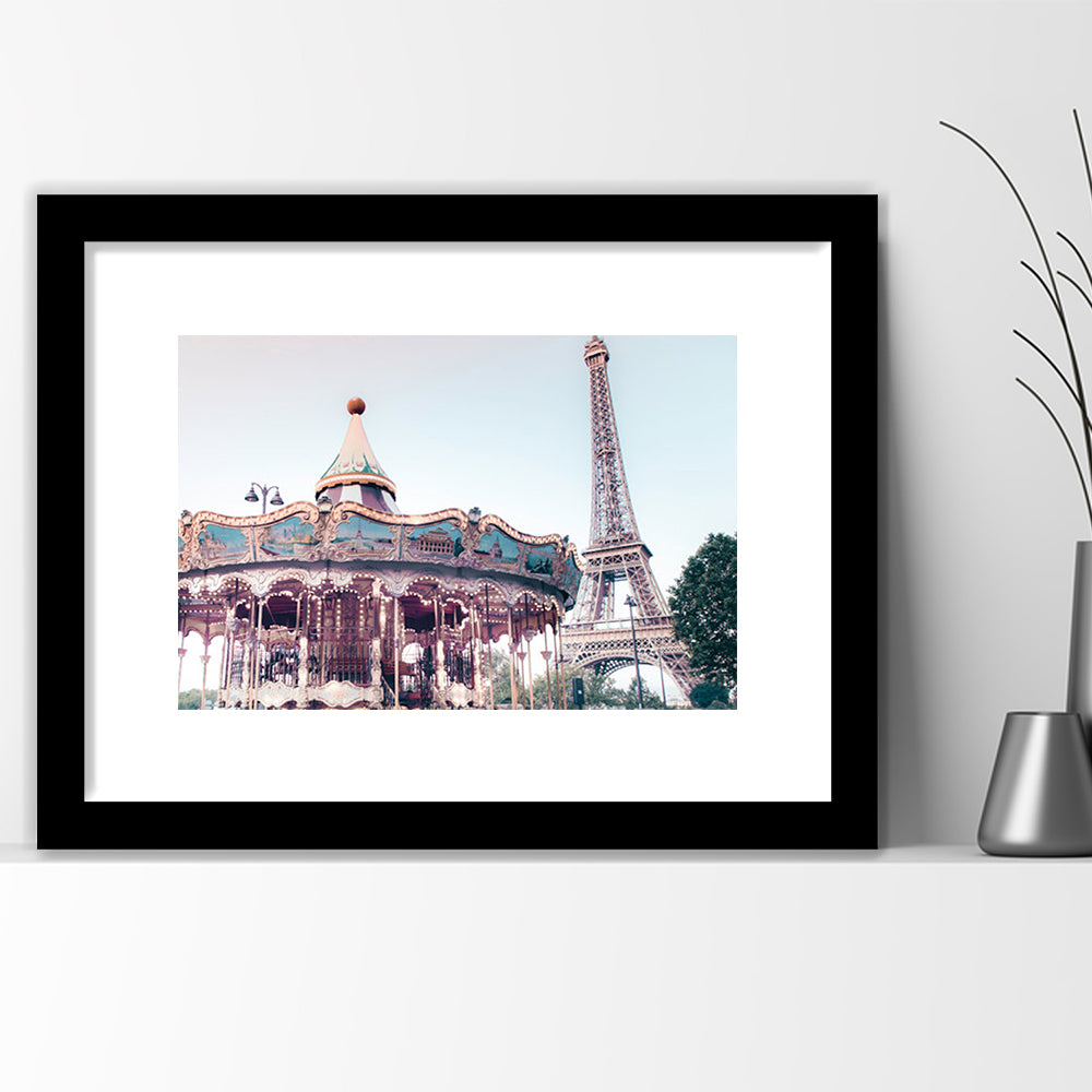 Carousel Wall Print Merry Go Round Photography Paris Print Eiffel Tower Print, Framed Art Print White Border Wall Decor
