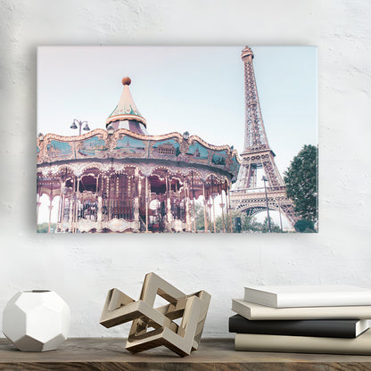 Carousel Wall Print Merry Go Round Photography Paris Print Eiffel Tower Print, Canvas Print Wall Art Home Decor