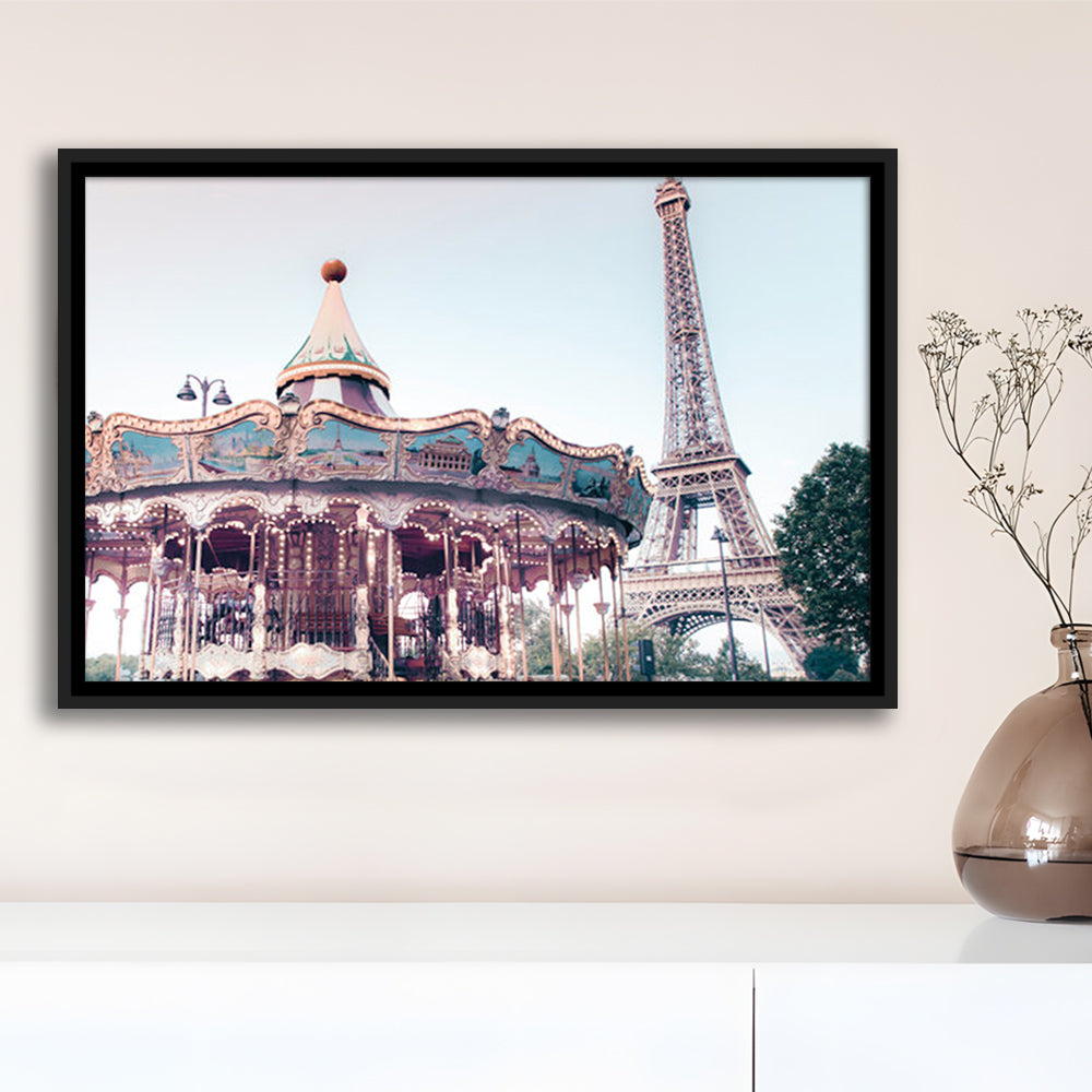 Carousel Wall Print Merry Go Round Photography Paris Print Eiffel Tower Print, Floating Framed Canvas Print Wall Art