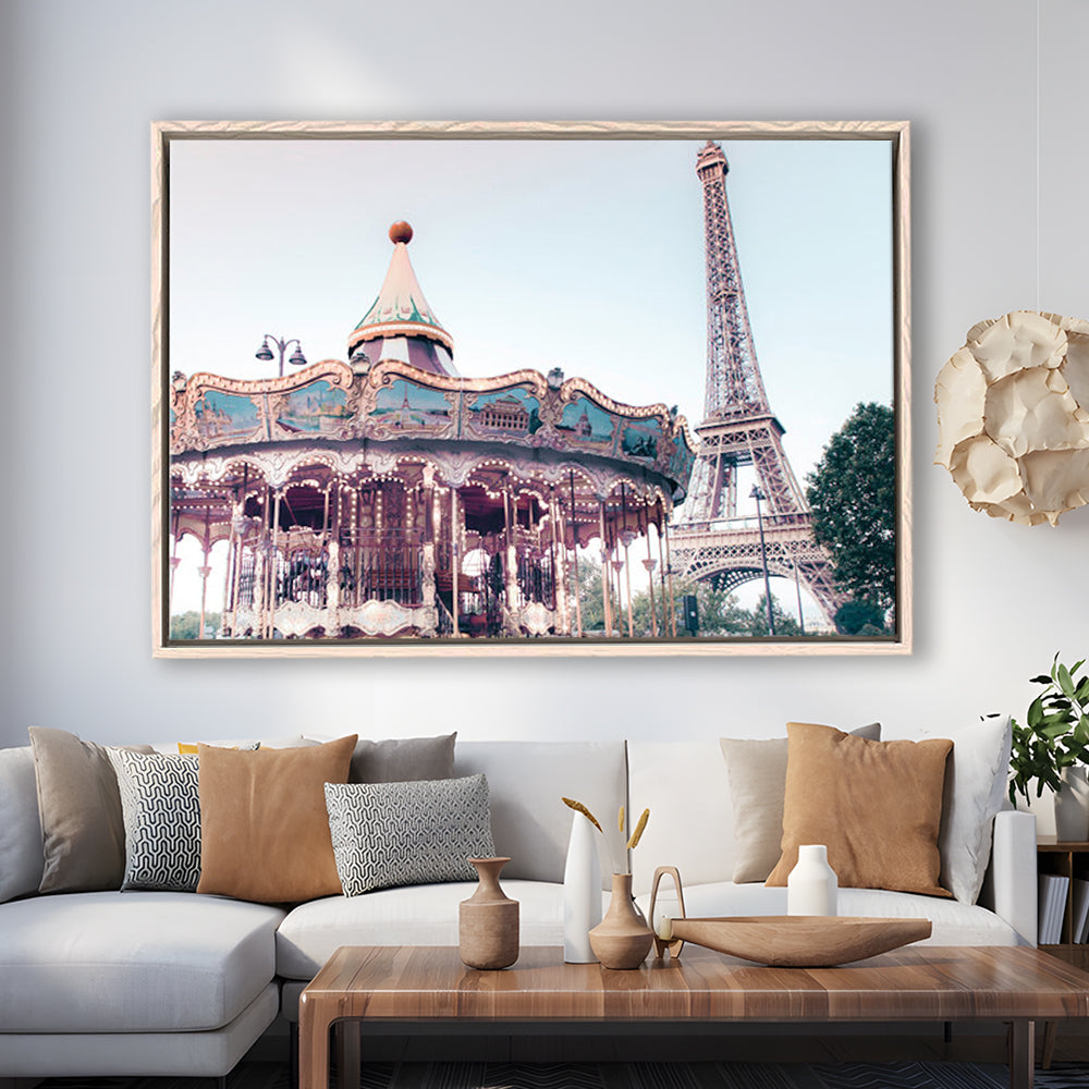 Carousel Wall Print Merry Go Round Photography Paris Print Eiffel Tower Print, Floating Framed Canvas Print Wall Art