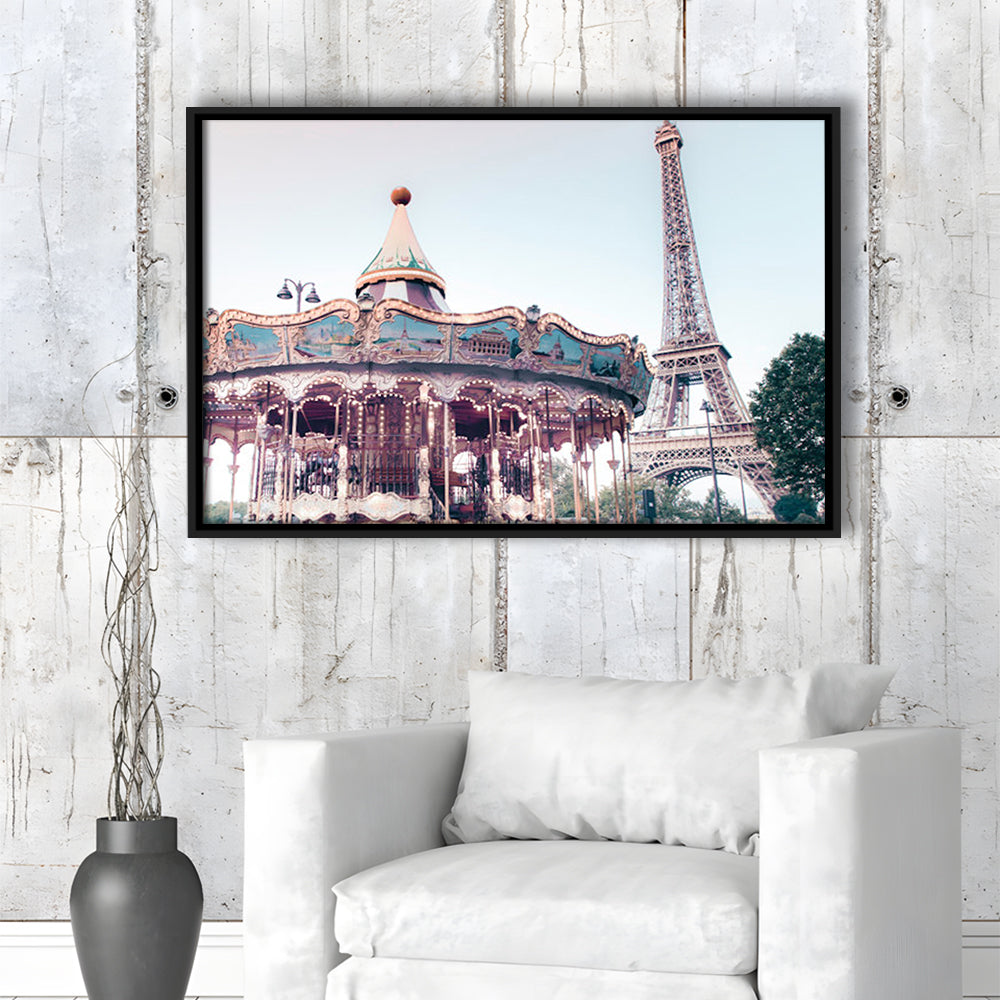 Carousel Wall Print Merry Go Round Photography Paris Print Eiffel Tower Print, Floating Framed Canvas Print Wall Art