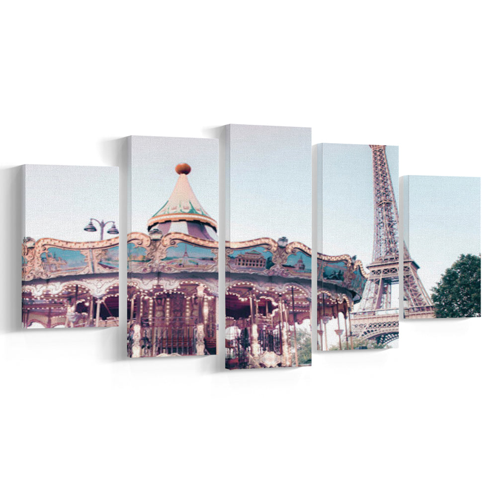 Carousel Wall Print Merry Go Round Photography Paris Print Eiffel Tower Print, Mixed Panels Canvas Print Wall Art