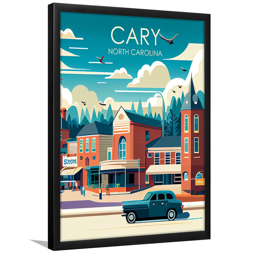 Cary North Carolina Retro Art Print, Cary City Wall Art, Framed Art Print, Picture Framed, Painting Art