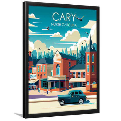 Cary North Carolina Retro Art Print, Cary City Wall Art, Framed Art Print, Picture Framed, Painting Art
