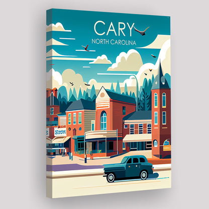 Cary North Carolina Retro Art Print, Cary City Wall Art, Canvas Print, Painting Canvas, Living Room Decor