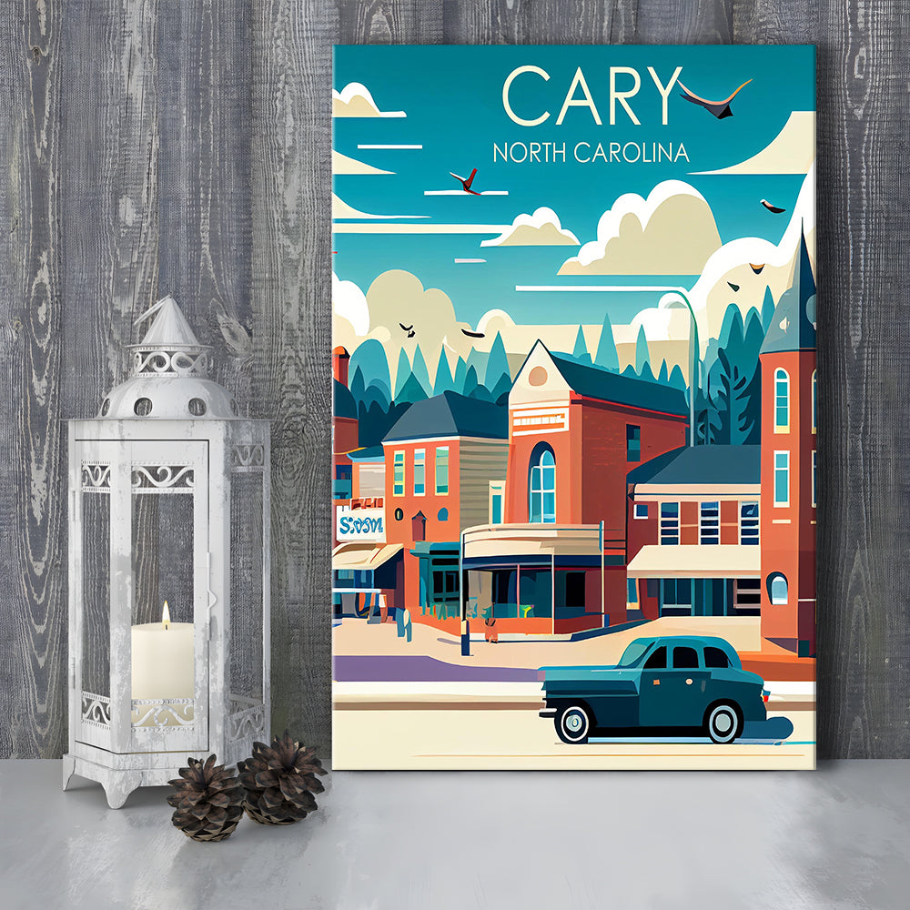 Cary North Carolina Retro Art Print, Cary City Wall Art, Canvas Print, Painting Canvas, Living Room Decor