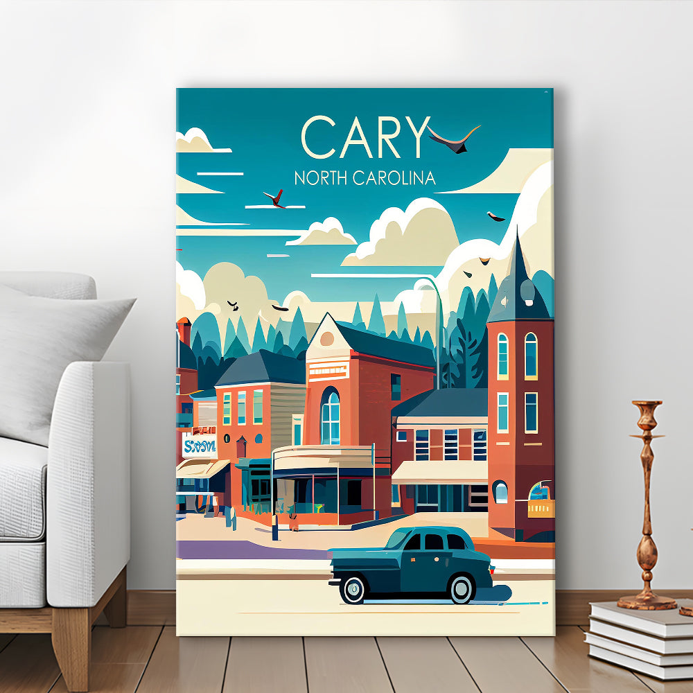 Cary North Carolina Retro Art Print, Cary City Wall Art, Canvas Print, Painting Canvas, Living Room Decor