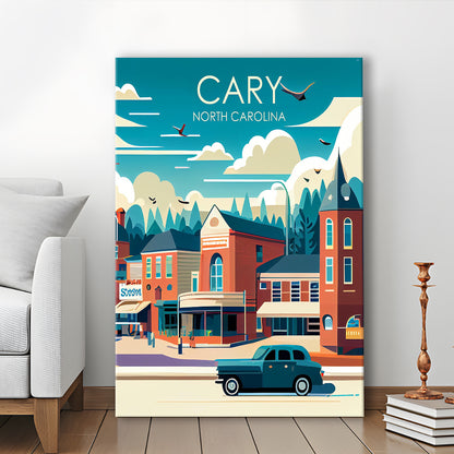 Cary North Carolina Retro Art Print, Cary City Wall Art, Canvas Print, Painting Canvas, Living Room Decor