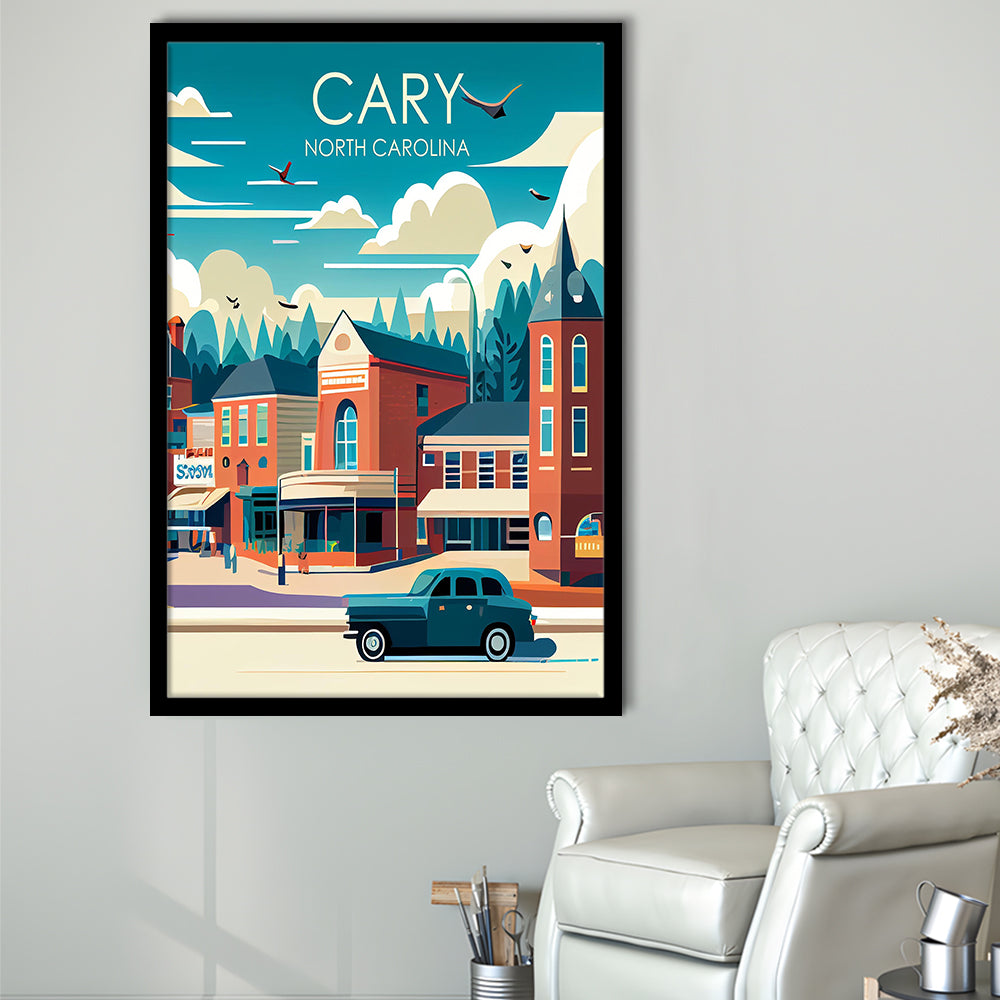 Cary North Carolina Retro Art Print, Cary City Wall Art, Framed Art Print, Picture Framed, Painting Art