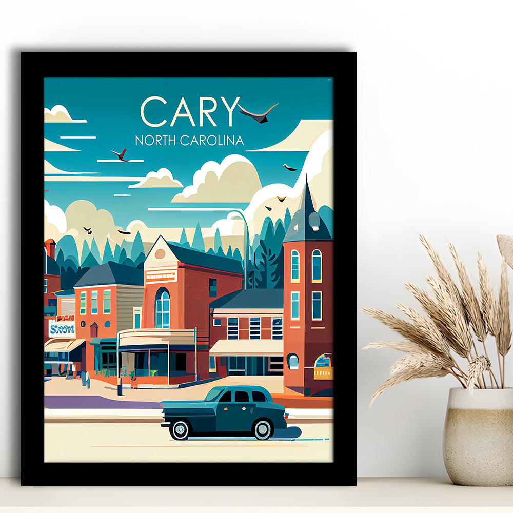 Cary North Carolina Retro Art Print, Cary City Wall Art, Framed Art Print, Picture Framed, Painting Art