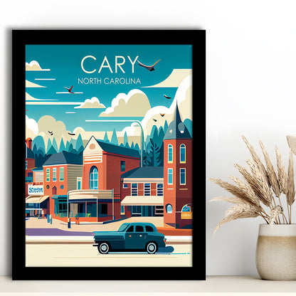 Cary North Carolina Retro Art Print, Cary City Wall Art, Framed Art Print, Picture Framed, Painting Art