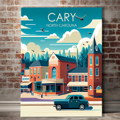 Cary North Carolina Retro Art Print, Cary City Wall Art, Canvas Print, Painting Canvas, Living Room Decor