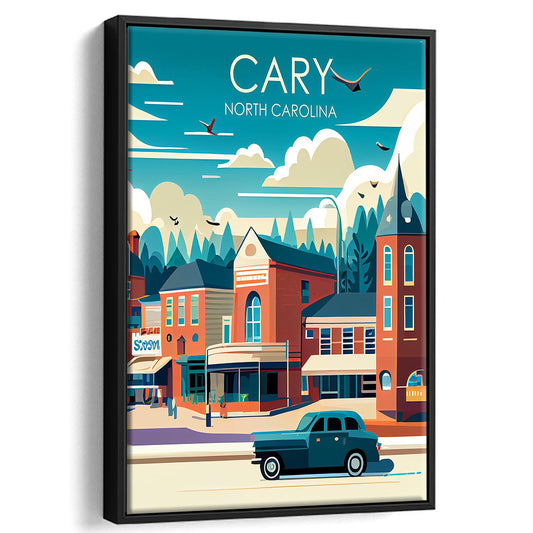 Cary North Carolina Retro Art Print, Cary City Wall Art, Floating Framed Canvas Print, Framed Picture, Painting Canvas