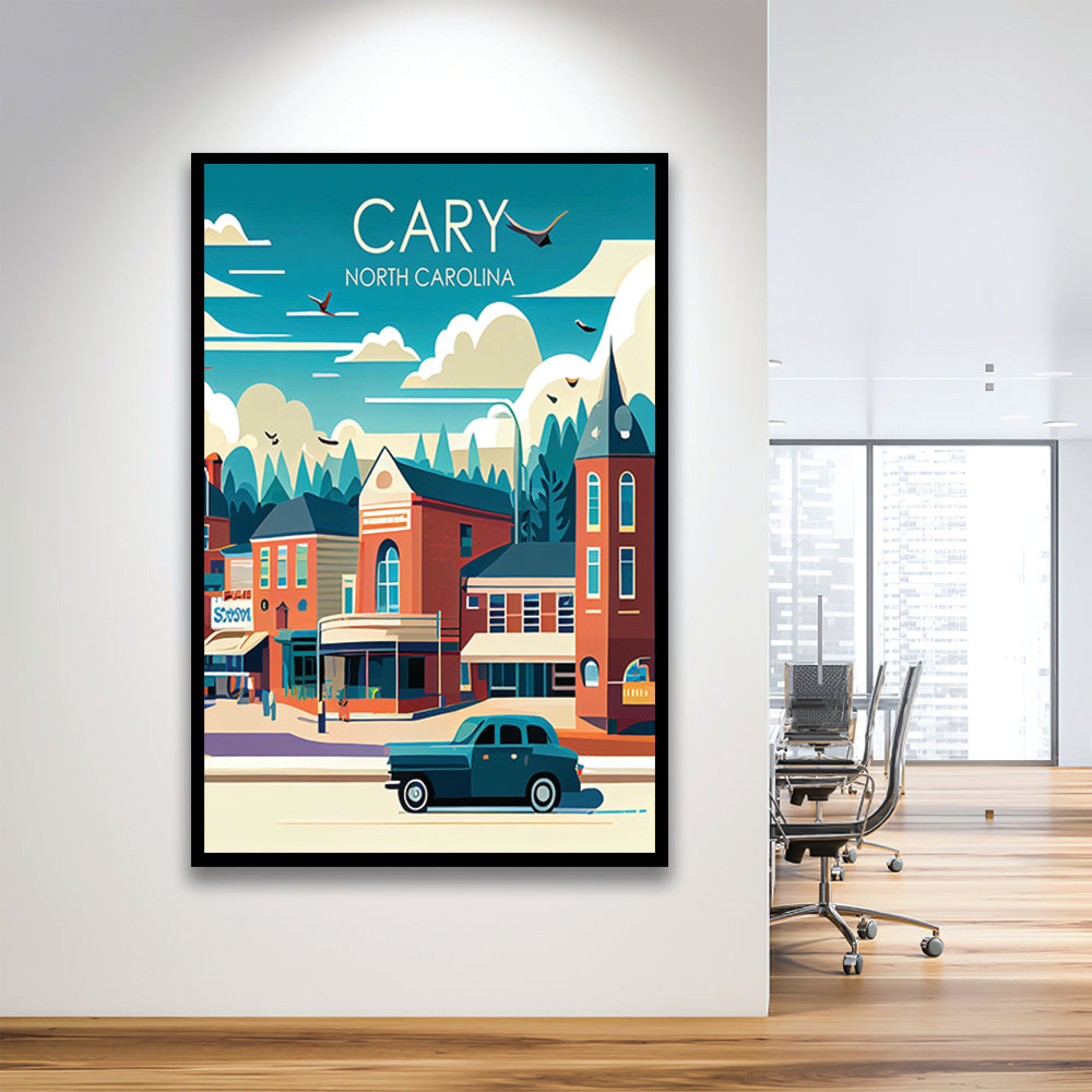 Cary North Carolina Retro Art Print, Cary City Wall Art, Framed Art Print, Picture Framed, Painting Art