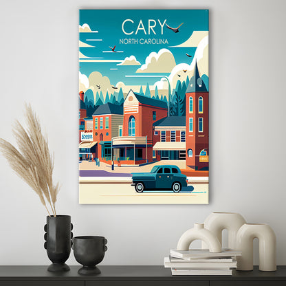 Cary North Carolina Retro Art Print, Cary City Wall Art, Canvas Print, Painting Canvas, Living Room Decor
