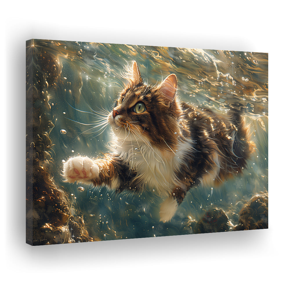 Cat Swimming Underwater Watercolor, Funny Pet Art Painting, Canvas Print Wall Art Home Decor