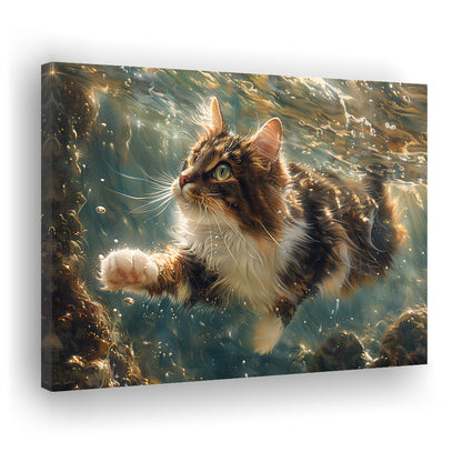 Cat Swimming Underwater Watercolor, Funny Pet Art Painting, Canvas Print Wall Art Home Decor